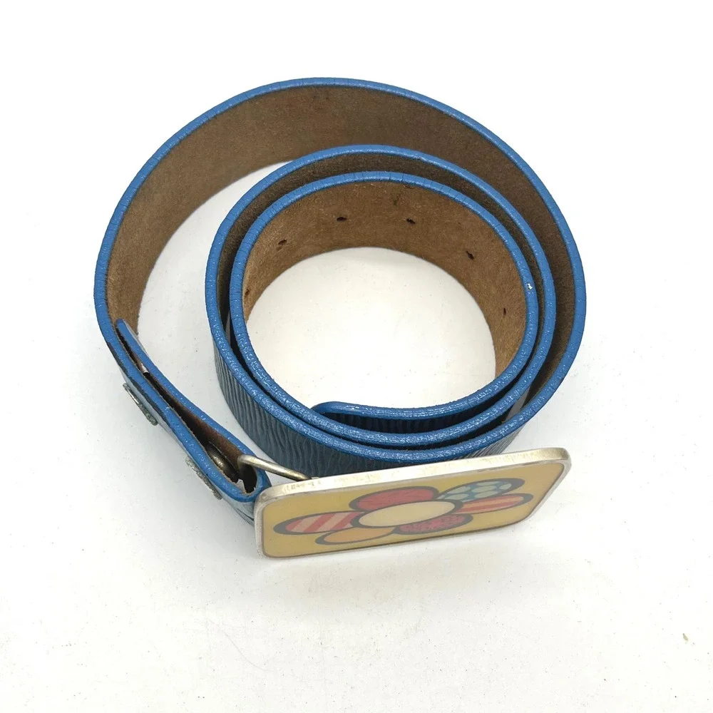 Romero Britto Pop Art Flower Power Correart Blue Leather Belt Medium Retro Y2K